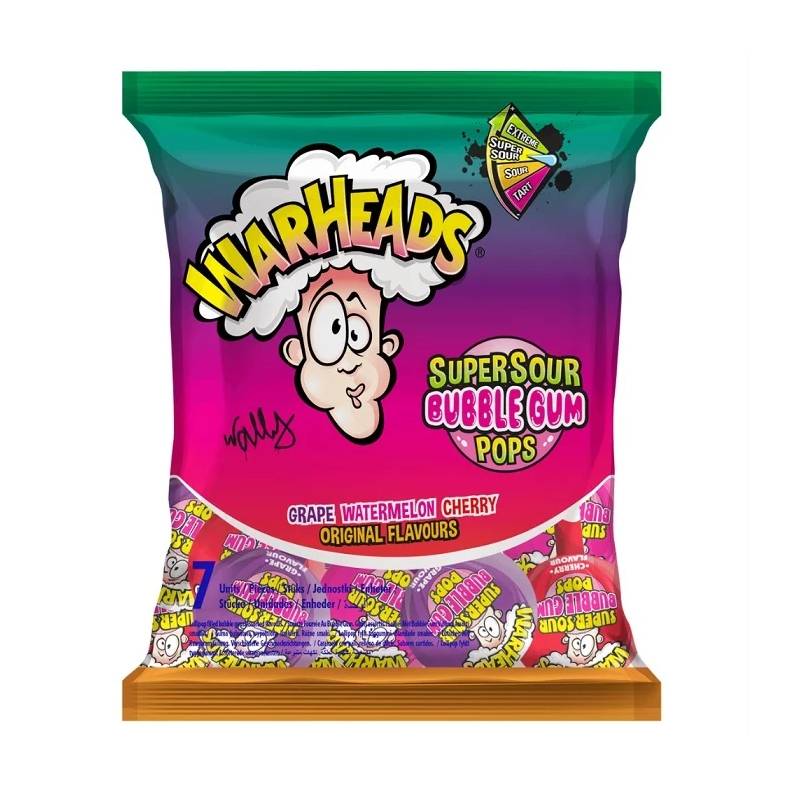 Warheads Super Sour Bubble Gum Pops Assorted Flavours (22 x 105g)