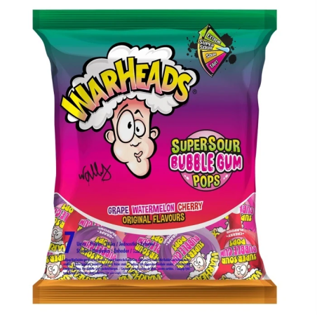 Warheads Super Sour Bubble Gum Pops Assorted Flavours (22 x 105g)